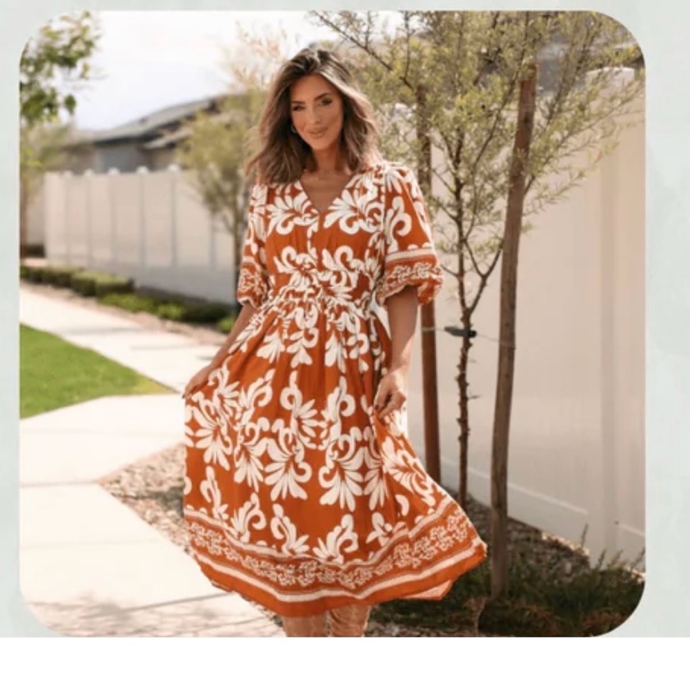 Magnolia Rust Orange & White Floral Midi Dress